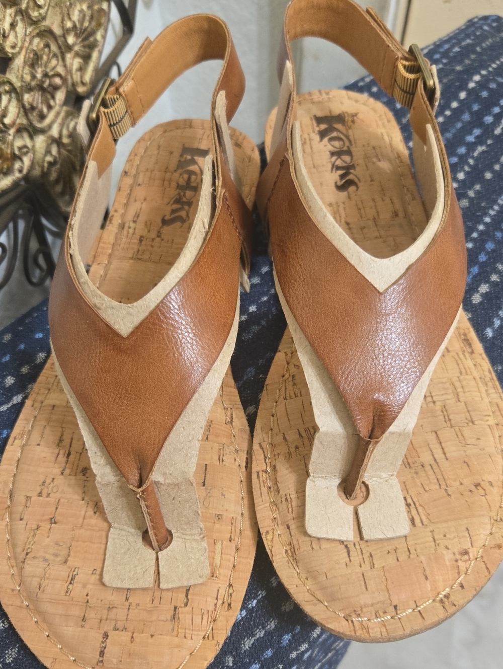 Kork-Ease Women's Tan and Cream Leather Thong Sandals